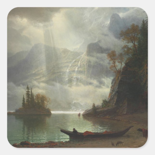 Pegatina Cuadrada Isla en el lago (aceite en lienzo) (Anverso)