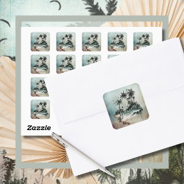 Pegatina Cuadrada Isla Hawaii Tropical Palm Tree