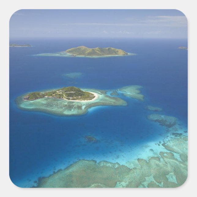 Pegatina Cuadrada Isla Matamanoa y arrecife de coral, isla Mamanuca (Anverso)
