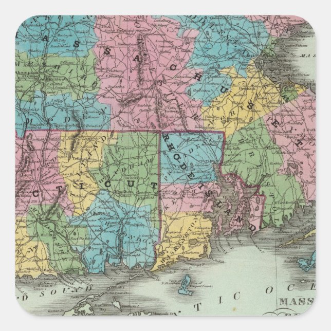 Pegatina Cuadrada Isla Rhode De Massachusetts Y Connecticut (Anverso)