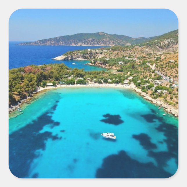 Pegatina Cuadrada Isla Thassos Kavala Grecia Agua turquesa Azul (Anverso)