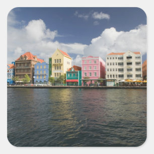 Pegatina Cuadrada Islas ABC, CURACAO, Willemstad: Frente de Harborfr