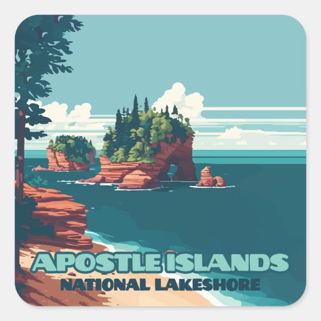 Pegatina Cuadrada Islas Apóstol Lakeshore Wisconsin Retro (Anverso)