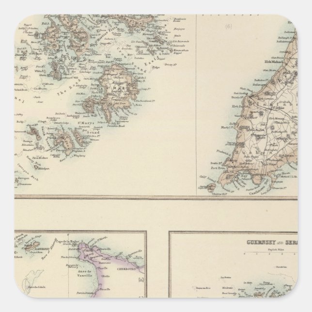 Pegatina Cuadrada Islas del Canal, Islas Cilly e Isla de Man (Anverso)