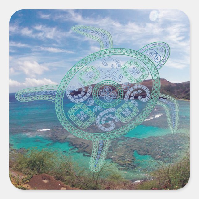 Pegatina Cuadrada Islas Hawaii y tortuga Oahu (Anverso)