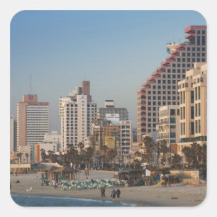 Pegatina Cuadrada Israel, Tel Aviv, playa, hoteles, atardecer