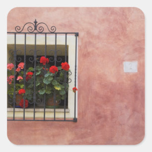 Pegatina Cuadrada Italia, Asciano, cajas de ventana con primavera fr