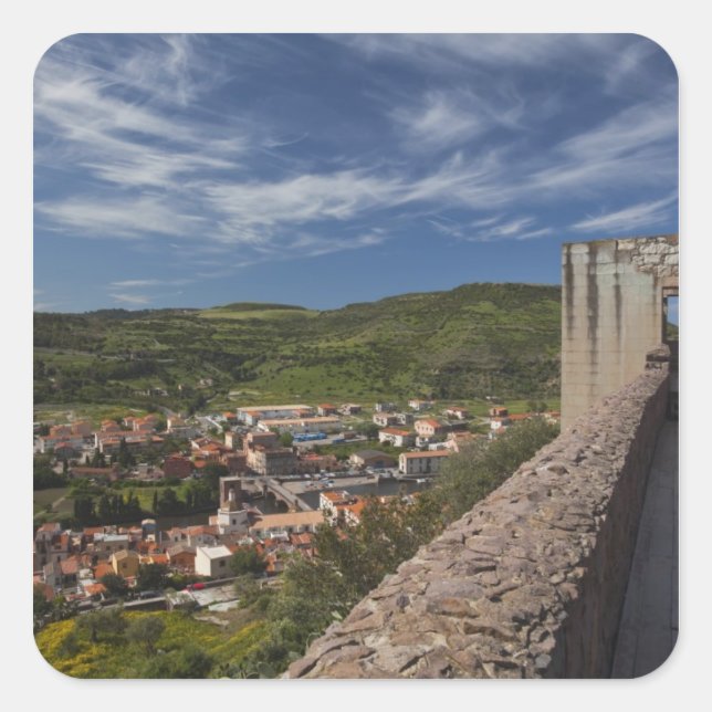 Pegatina Cuadrada Italia, Cerdeña, Bosa. Vista de la ciudad desde Ca (Anverso)