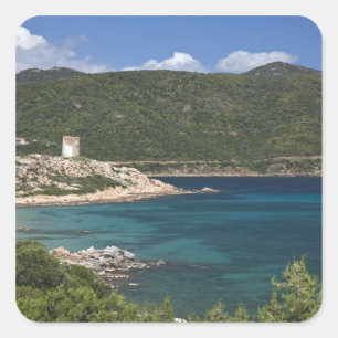 Pegatina Cuadrada Italia, Cerdeña, Teulada. Torre española.