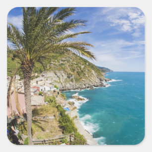 Pegatina Cuadrada Italia, Cinque Terre, Vernazza, Ciudad en la lader