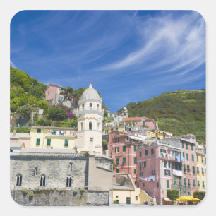 Pegatina Cuadrada Italia, Cinque Terre, Vernazza, Puerto y Iglesia