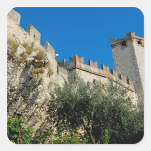 Pegatina Cuadrada Italia, Malcesine, Lago Garda, Castillo Scaligero