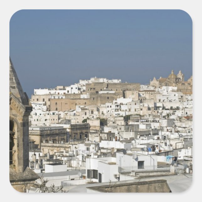 Pegatina Cuadrada Italia, Ostuni, vista panorámica del casco antiguo (Anverso)