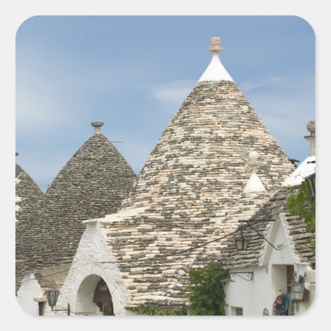 Pegatina Cuadrada Italia, Puglia, Alberobello, Terra dei Trulli, (Anverso)
