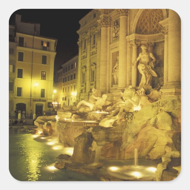 Pegatina Cuadrada Italia, Roma. Fontana de Trevi de noche. (Anverso)