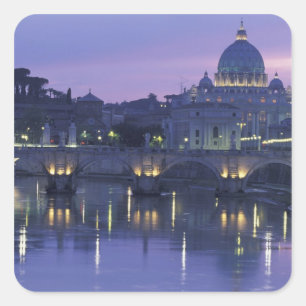 Pegatina Cuadrada Italia, Roma, San Pedro y Ponte Sant Angelo,