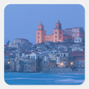 Pegatina Cuadrada Italia, Sicilia, Cefalù, Vista con Duomo desde