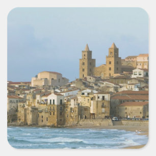 Pegatina Cuadrada Italia, Sicilia, Cefalù, Vista con Duomo desde 2