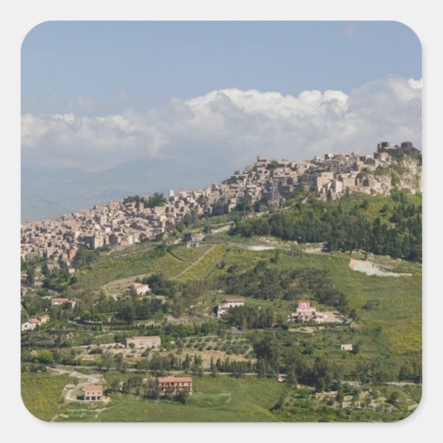 Pegatina Cuadrada Italia, Sicilia, Enna, Calascibetta, Mañana View (Anverso)