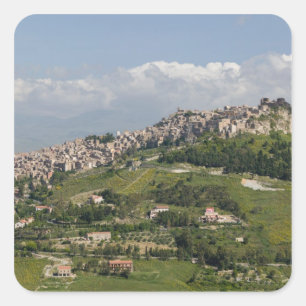 Pegatina Cuadrada Italia, Sicilia, Enna, Calascibetta, Mañana Vista