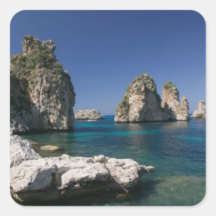 Pegatina Cuadrada Italia, Sicilia, Scopello, Rocas por Tonnara