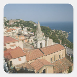 Pegatina Cuadrada ITALIA, Sicilia, TAORMINA: Vista hacia Piazza IX