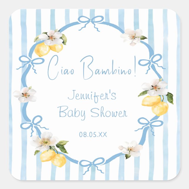 Pegatina Cuadrada Italian Hand Drawn Coastal Lemon Baby Shower (Anverso)