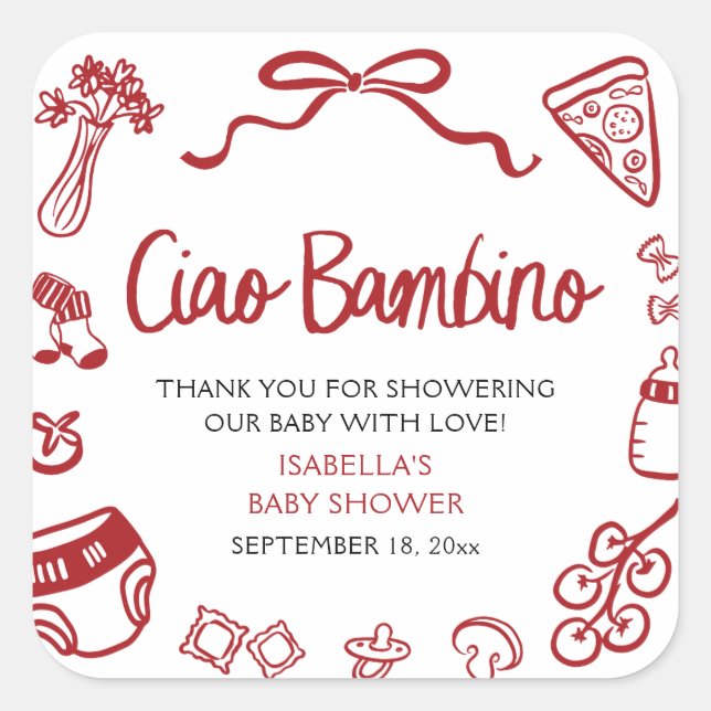 Pegatina Cuadrada Italian Hand Drawn Pizza Ciao Bambino Baby Shower (Anverso)