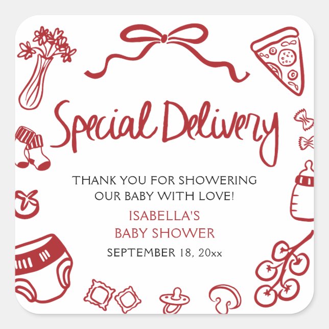 Pegatina Cuadrada Italian Hand Drawn Special Delivery Baby Shower (Anverso)