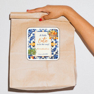 Pegatina Cuadrada Italiano Blue Tile Cutie Naranja Citrus Baby Showe