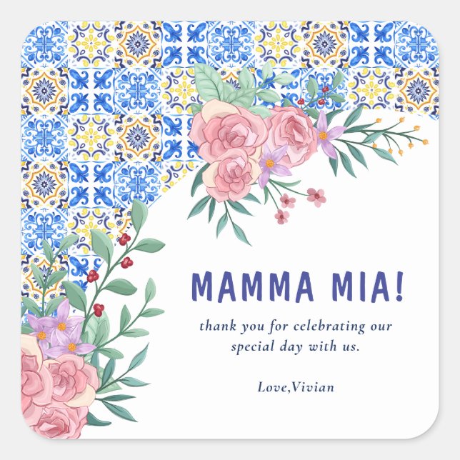 Pegatina Cuadrada Italiano Blue Tile Mamma Mia Baby Shower (Anverso)