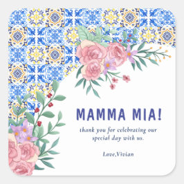 Pegatina Cuadrada Italiano Blue Tile Mamma Mia Baby Shower
