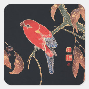 Pegatina Cuadrada Ito Jakuchu Loro Rojo en la Rama Arte Japonés