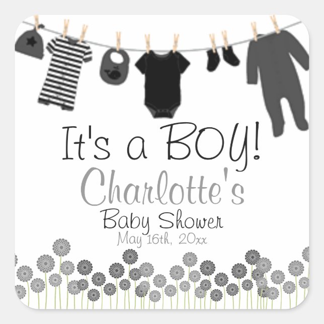 Pegatina Cuadrada It's a Boy! Clothesline Baby Shower (Anverso)