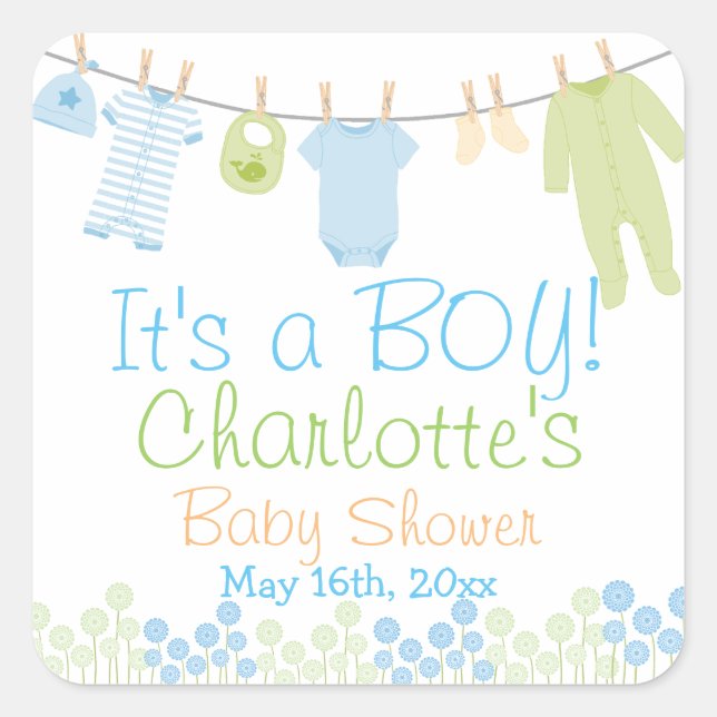 Pegatina Cuadrada It's a Boy! Lil Clothes Baby Shower azul y verde (Anverso)