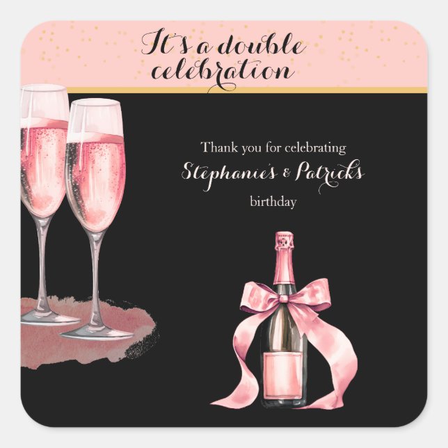 Pegatina Cuadrada It's a Double Celebration Black Champagne Birthday (Anverso)