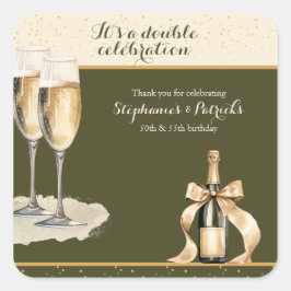 Pegatina Cuadrada It's a Double Celebration Green Champagne Birthday