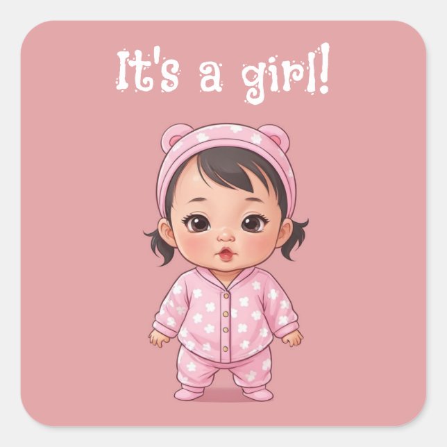 Pegatina Cuadrada It's a Girl! (Asiático) (Anverso)