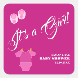 Pegatina Cuadrada It's a Girl! Baby Shower Pink Modern.