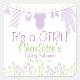 Pegatina Cuadrada It's a Girl! Clothesline Baby Shower
