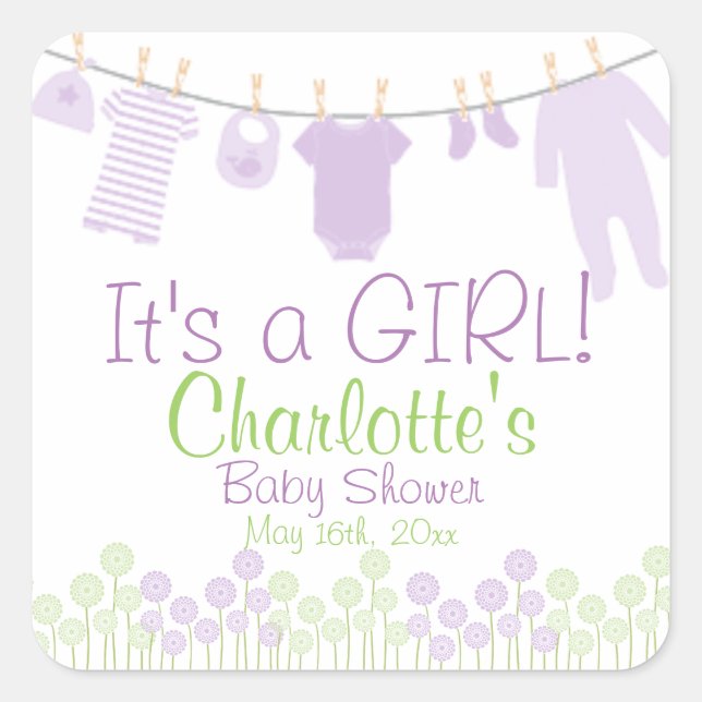 Pegatina Cuadrada It's a Girl! Clothesline Baby Shower (Anverso)