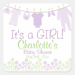 Pegatina Cuadrada It's a Girl! Clothesline Baby Shower