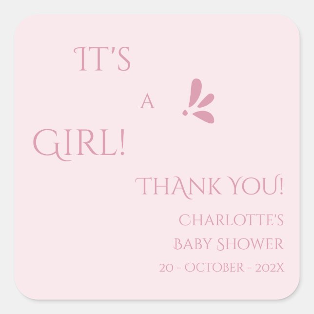 Pegatina Cuadrada It's A Girl! Minimalism Pastel Pink Baby Shower (Anverso)