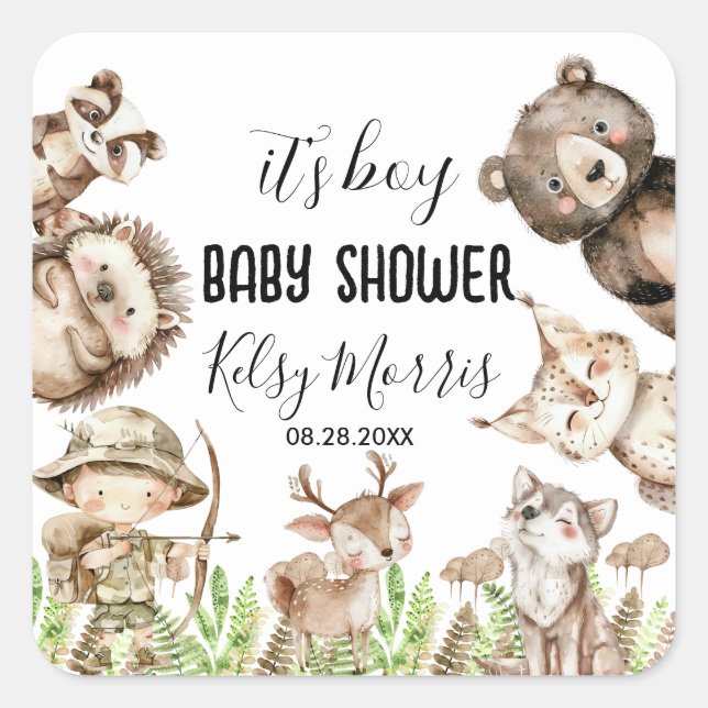 Pegatina Cuadrada its boy Rustic Woodland Baby Shower Invite (Anverso)