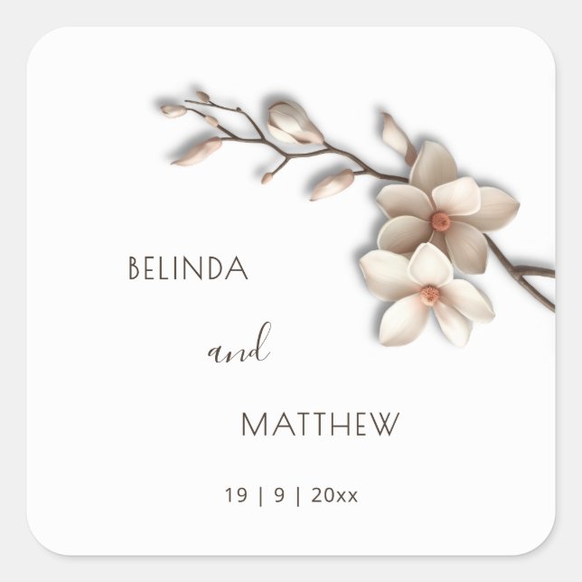 Pegatina Cuadrada Ivory 3D Magnolia Flowers | Wedding (Anverso)