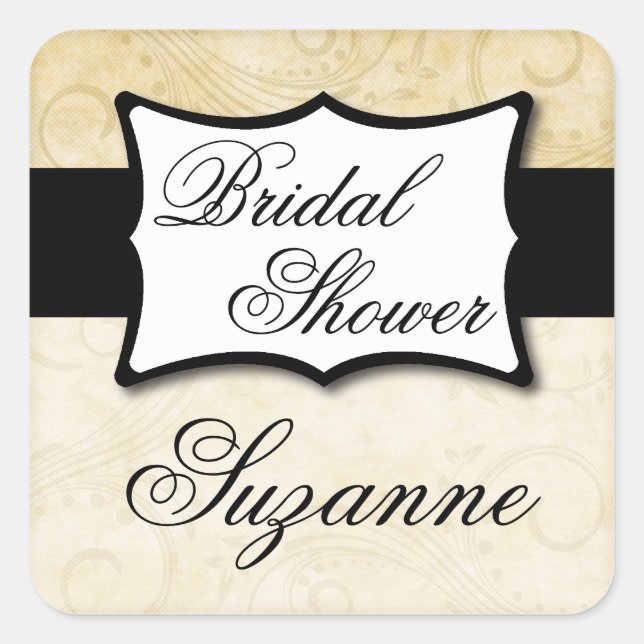 Pegatina Cuadrada Ivory Damask Bridal Shower (Anverso)