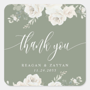 Pegatina Cuadrada Ivory y Sage Elegante Floral Agradecimiento de Bod
