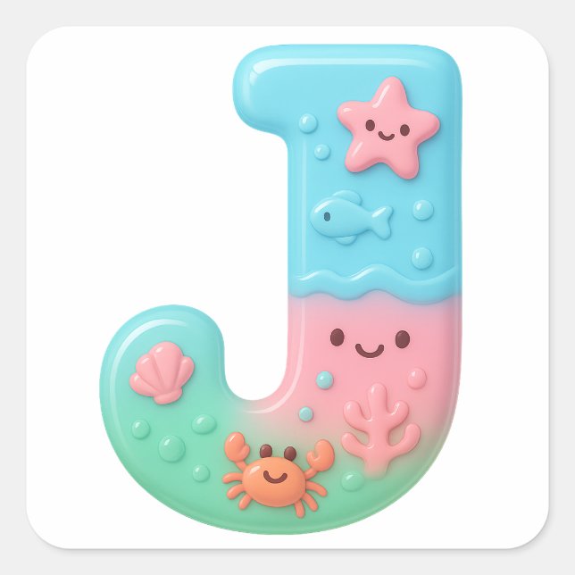 Pegatina Cuadrada "J" Cute Letter - Underwater Sea Creature (Anverso)