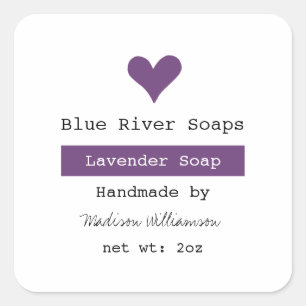 Pegatina Cuadrada Jabón de lavanda hecho a mano Corazón Púrpura