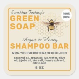 Pegatina Cuadrada Jabón de miel Shampoo Bar Amarillo Antiguo Blanco